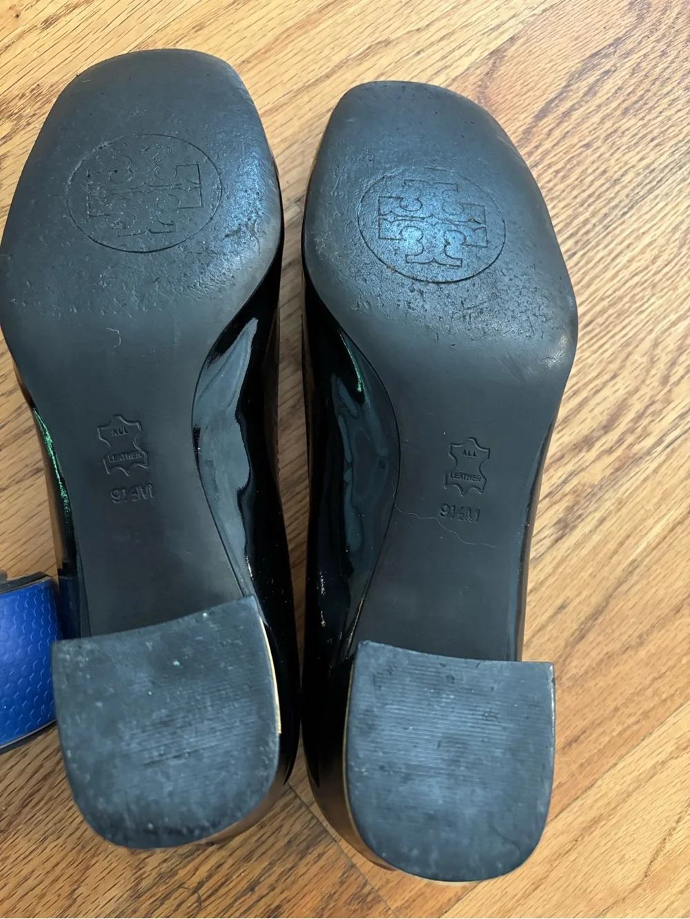 Tory Burch Black Patent Leather Low Block Heel Pumps with Gold buckle